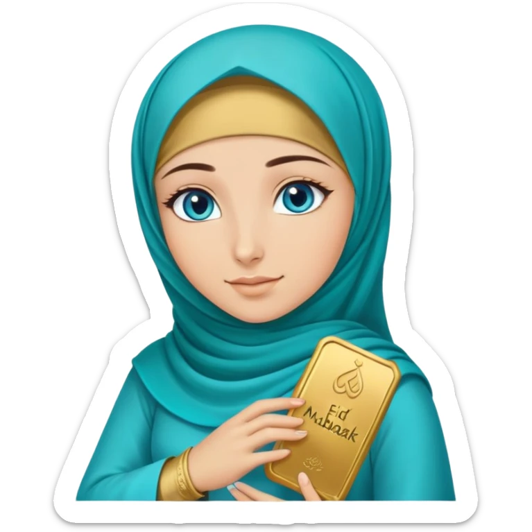 Turkish beautiful finish Konya girl blue eyes with gold hijab and islamic long tailed turquoise dress and had on her hand text Eid Mubarak  sticker