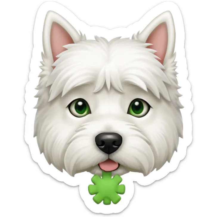 a west highland terrier dog with a green bone treat in its mouth  sticker