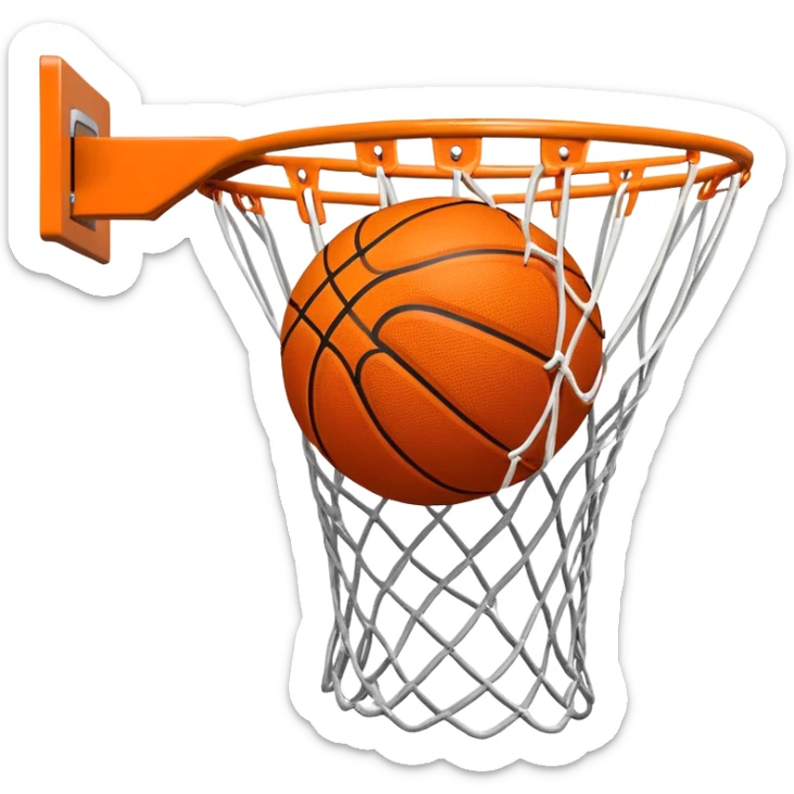 A close-up of a basketball shield and hoop with the ball swishing through the net, captured mid-air. The background emphasizes the tension and excitement of the moment, with the rim and net in sharp focus, showcasing the precision and skill of the sport. sticker