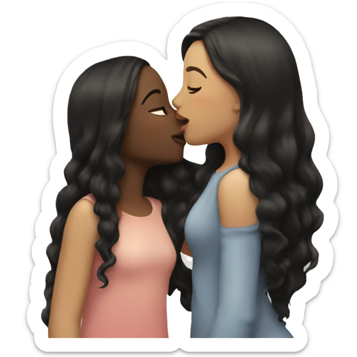 A girl kissing another girl on the cheek, both are blushing. They both have white skin and long black hair sticker