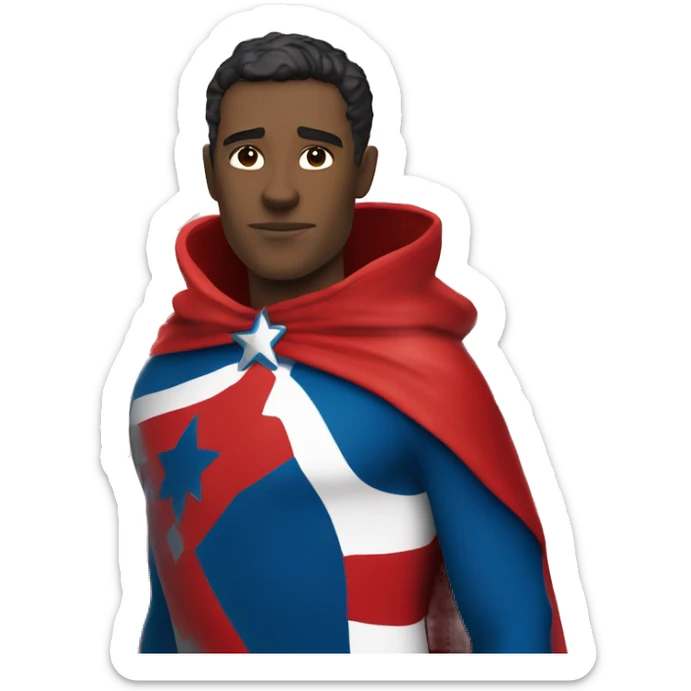 Emoji of Homelander from ‘The Boys’ series. USA flag-inspired costume with cape (red, blue, white). Confident, slightly menacing expression. sticker