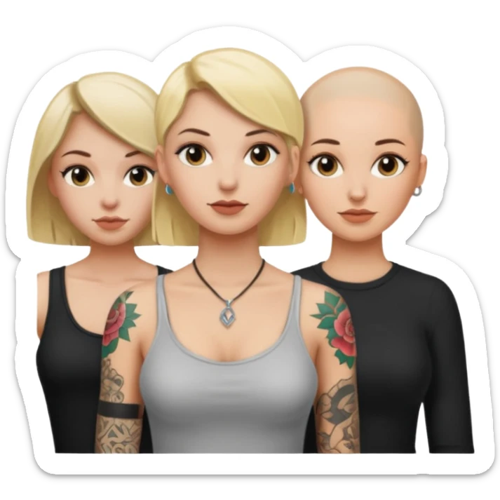 throuple blonde femaleand brunette female with bald tattooed sticker