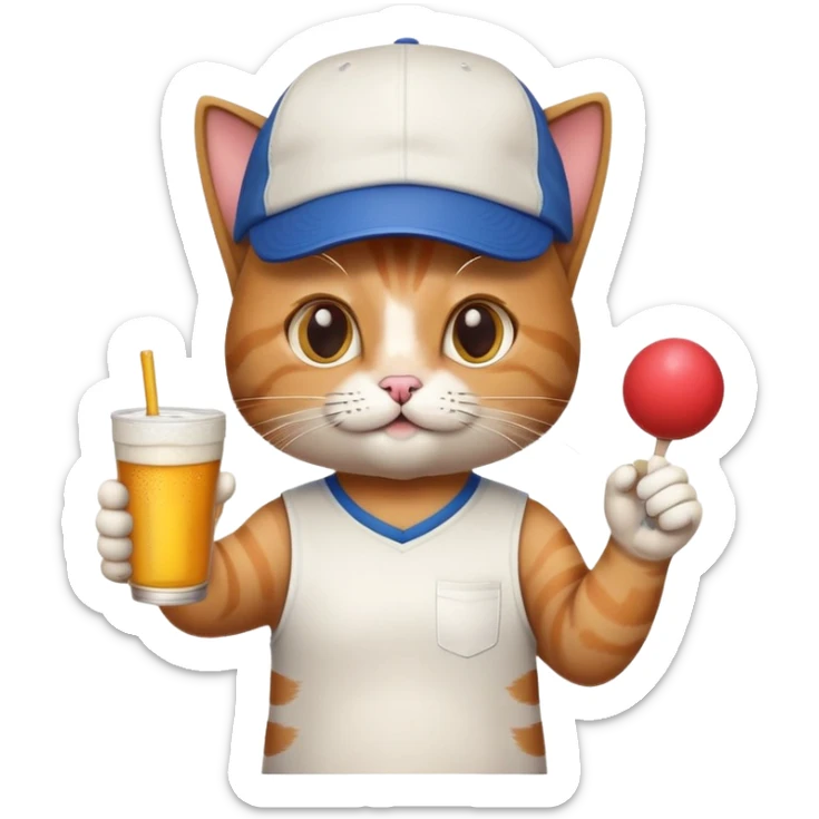 cat with a backwards cap, holding a ping pong ball and cup, beer pong college party sticker