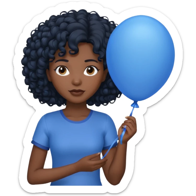 woman with curly black hair and dark face, holding blue balloon sticker