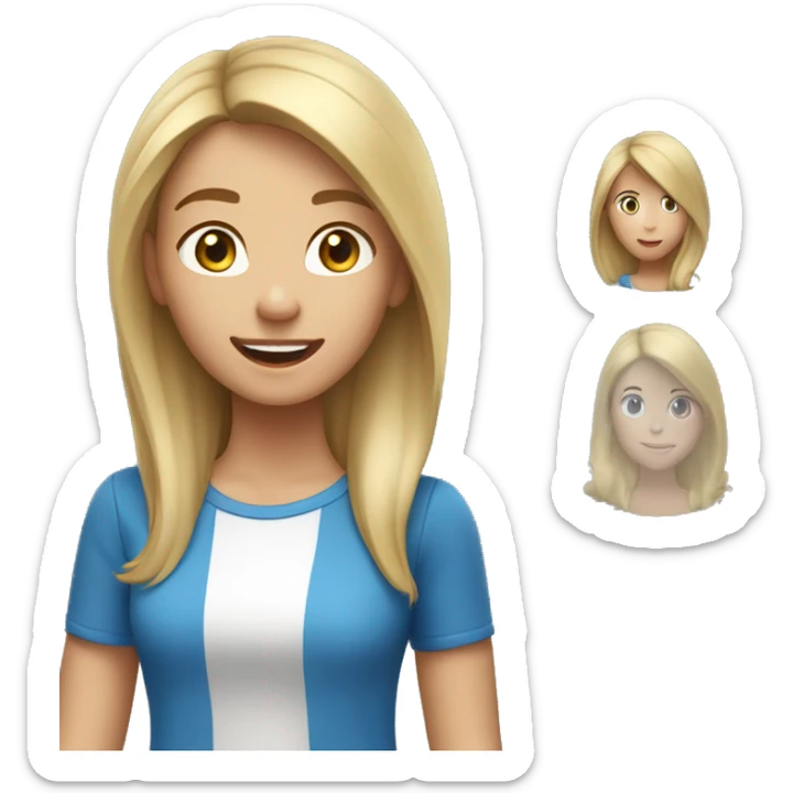 23 year old girl who is tall with brunette hair and blonde highlights. wearing a blue shirt and appears excited sticker
