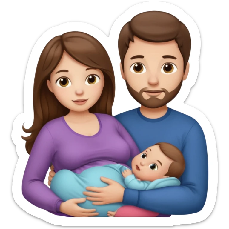 Pregnant woman with long brown hair and fair skin, and man with short brown hair and fair skin, holding a baby in his arms.

 sticker
