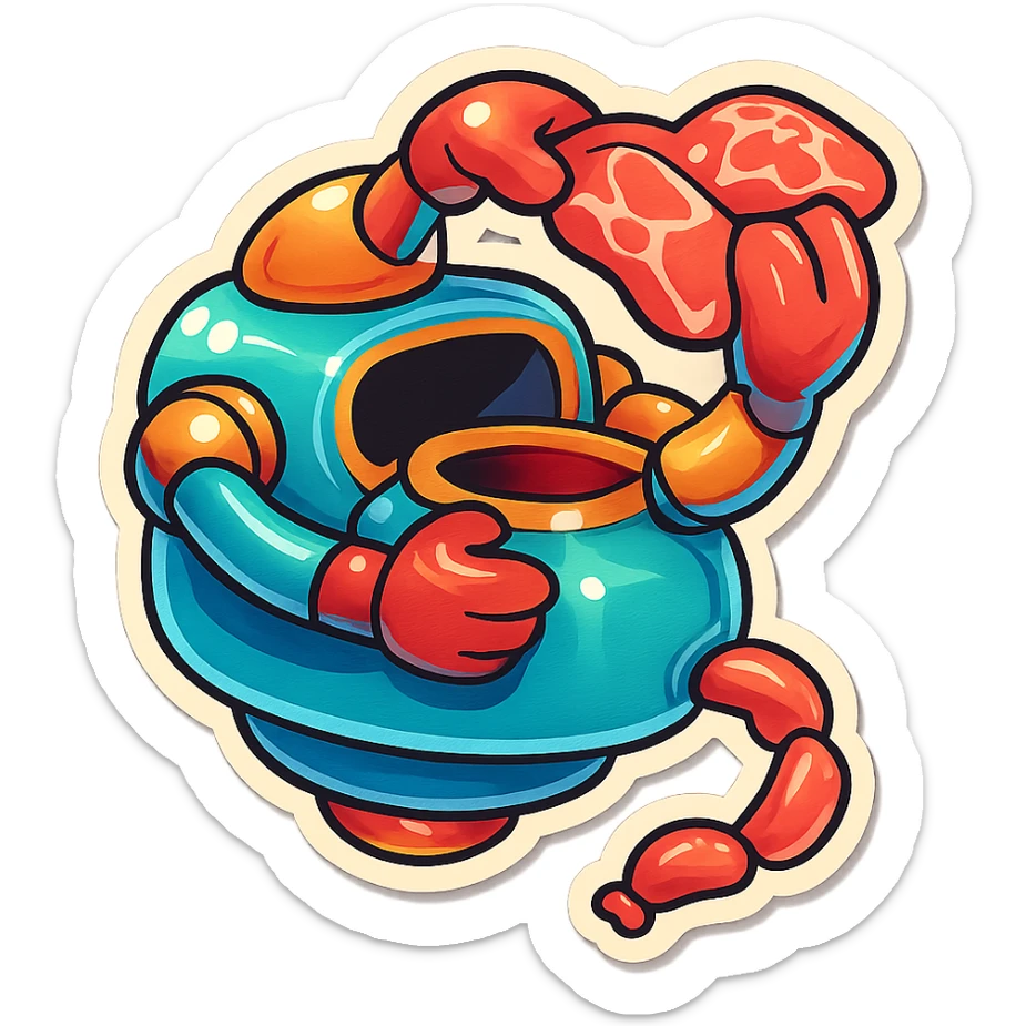 a robot that uses arms to put meat in large hole on top. sausage links come out robots rear. no legs on robot. robot hovers. robot feeds itself meat sticker