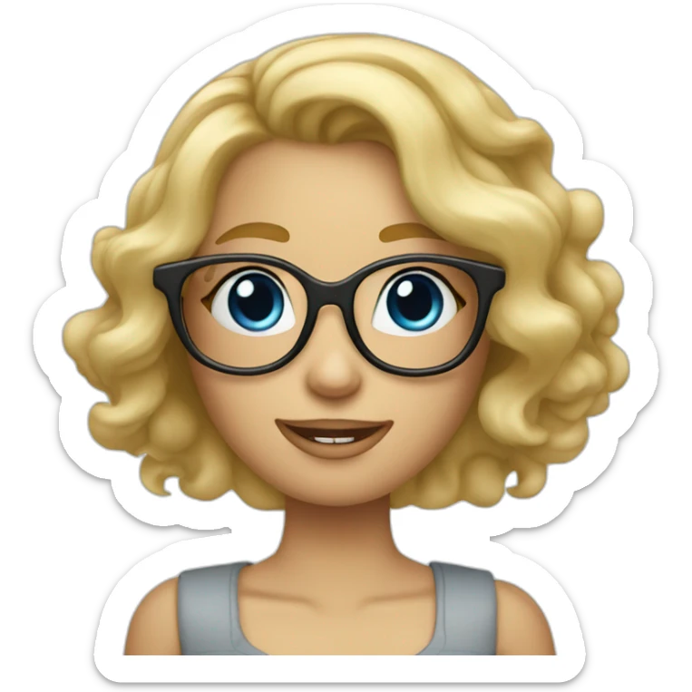 Blond girl with wavy hair, glasses, blue eyes, apple computer and arms tattoed sticker