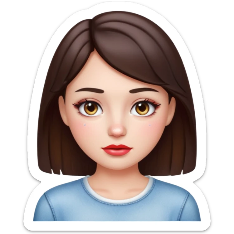 “Emoji brunette girl white top, dewy skin, heavy blush across cheeks and nose bridge, glossy cherry lips, soft eyeliner, teary sparkling eyes like hanni from new jeans sticker