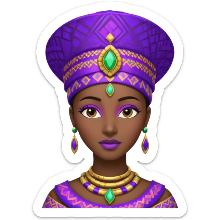 Create me an emoji of a beautiful Ethiopian Queen of Sheba wearing a neon purple gradient African patterns with metallic "isicholo" (a Zulu-inspired hat).  sticker