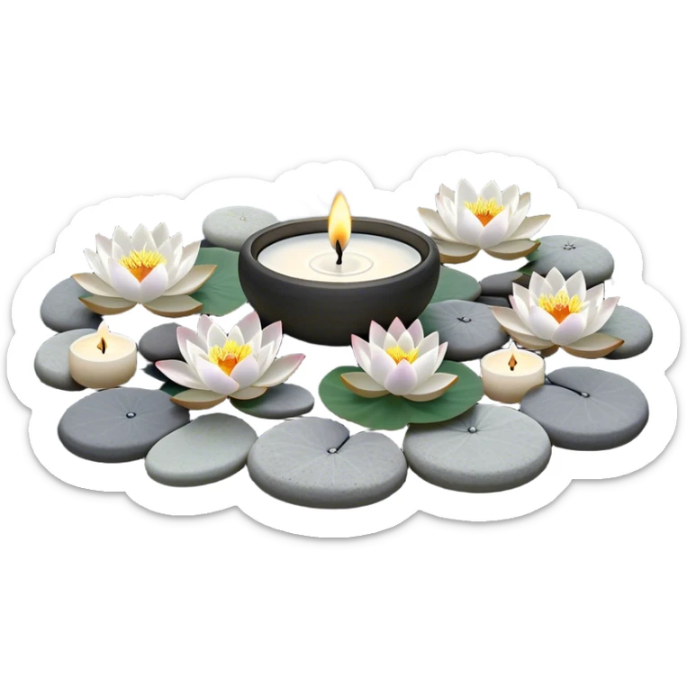 A photorealistic icon featuring lotus flowers, burning incense sticks with smoke rising, smooth round sea stones, and multiple small round candles arranged in a calming, tranquil setting. Soft, peaceful colors with detailed textures that evoke mindfulness and inner peace. Transparent background sticker