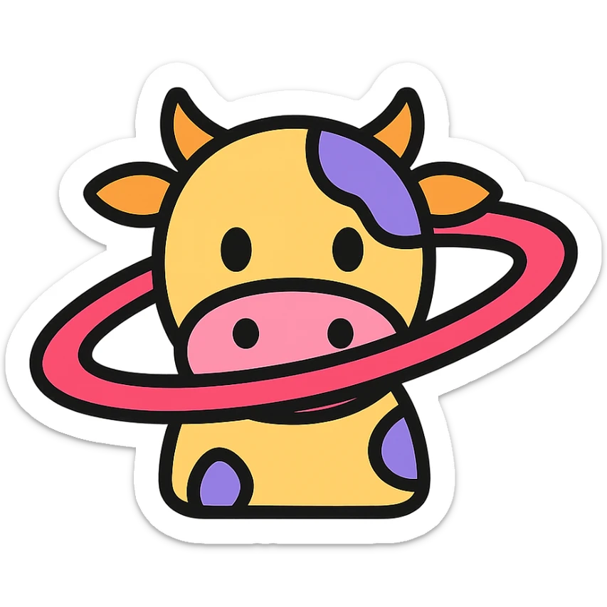 cartoon cow with Saturn's rings, icon style, color outline, playful and simple sticker
