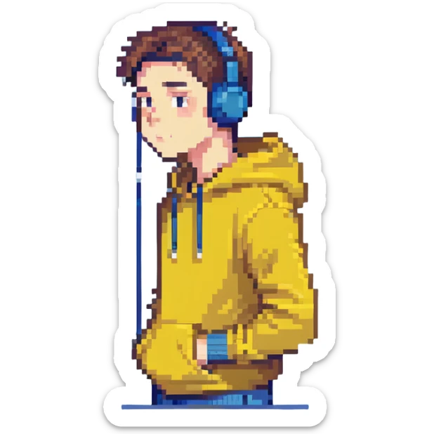 full body man wearing a yellow hoodie, earbuds in ears, suspicious expression, not proportionate body type, head to toe sticker