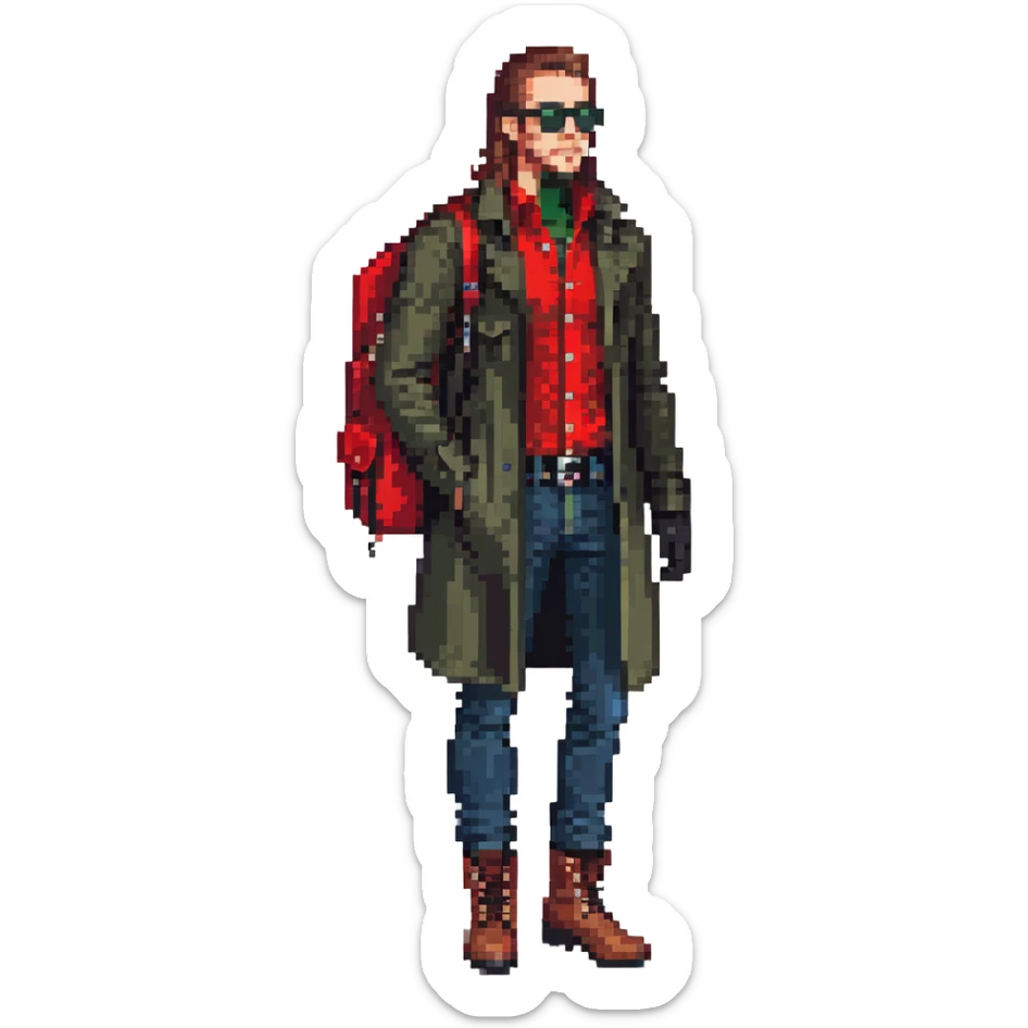 Man with long brown hair, brown goatie, sunglasses, wearing red button up shirt with a sling horizontally across the torso, wearing a black trenchcoat, blue jeans, long black military boots, red fingerless gloves, green backpack sticker