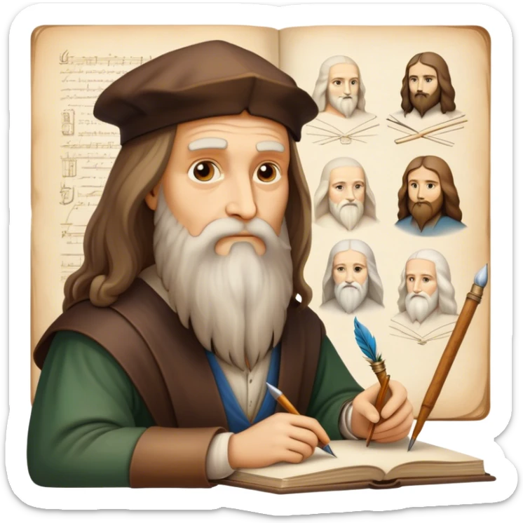 Cinematic Realistic Leonardo da Vinci Portrait Emoji, depicted as the quintessential Renaissance polymath with deep, thoughtful eyes, a flowing beard, and a quill or sketchbook in hand. The scene is illuminated with warm, classical lighting, evoking the atmosphere of a master artist’s workshop, surrounded by early sketches of inventions and masterpieces like the Mona Lisa. sticker