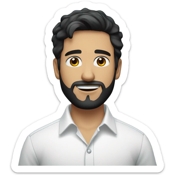 White Young male with black hair and small beard on the chin only, small eyes, with white professional shirt.  Handsome. One picture only with blue background splashinge sticker