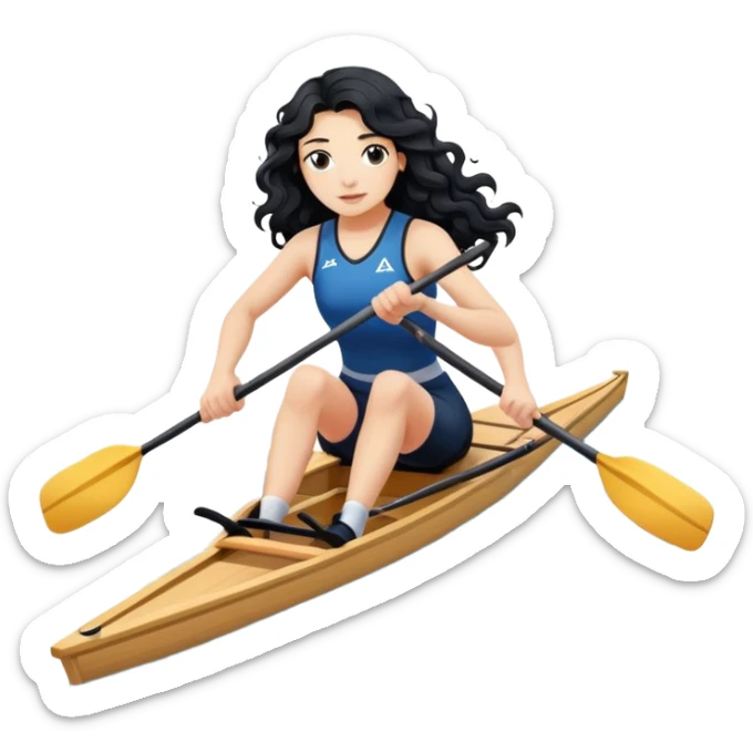 girl with long black wavy hair rowing in Olympic rowing sport, with single oar sticker