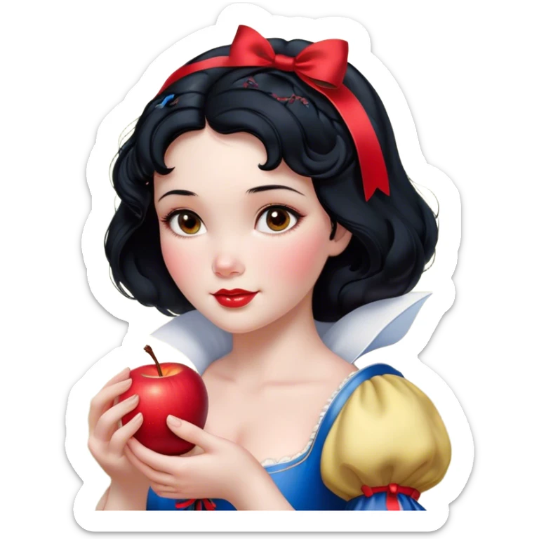 Cinematic Realistic Snow White Portrait, depicted with lifelike skin texture, soft natural lighting, and intricately detailed black hair styled with a red ribbon. Her soft brown eyes radiate innocence and kindness, complemented by a warm, gentle smile. She holds an apple in one hand, her other hand resting against her cheek, embodying her purity and charm. She is dressed in her classic yellow, blue, and red gown, the fabric rich in texture with delicate folds that catch the light beautifully. The portrait features a soft, natural glow with a radiant finish, capturing the essence of timeless beauty in a realistic and painterly style. sticker
