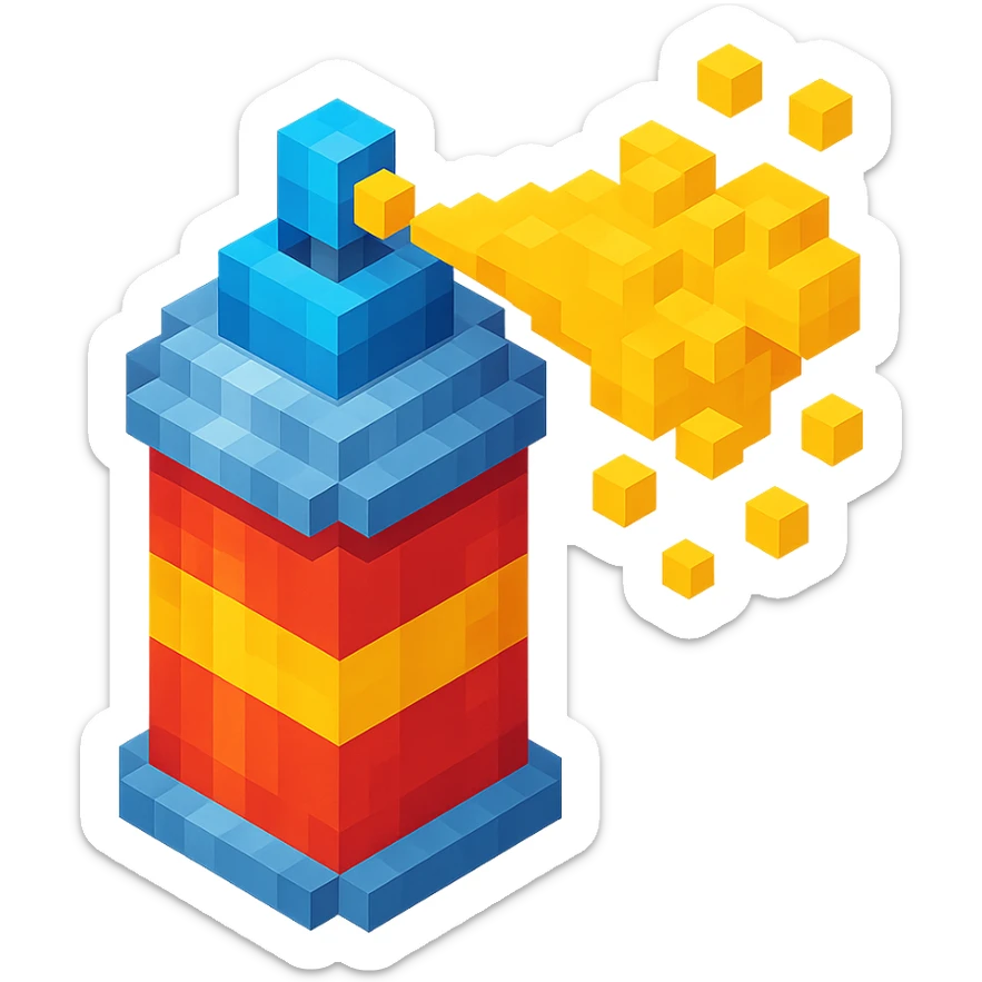 voxel style spray paint can with gold paint, spray coming out, isometric view sticker