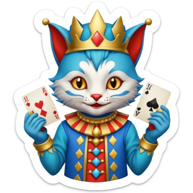 crazy colorful cute little cat jolly joker from poker, medieval, vintage, court jester, mac os icon, blue color, holds poker cards sticker