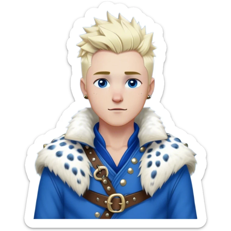 Medieval winter outfit worn by a DnD themed fantasy male character. Heavy cobalt blue wool tunic with snow leopard fur lining, secured by polished bone toggles and a wide leather belt with brass studs. Clothes only above the waist, full waist coverage. The character has no arms. Character is white-skinned with platinum blonde hair, winter-sky blue eyes, and short spiky hair touched by snowflakes. sticker
