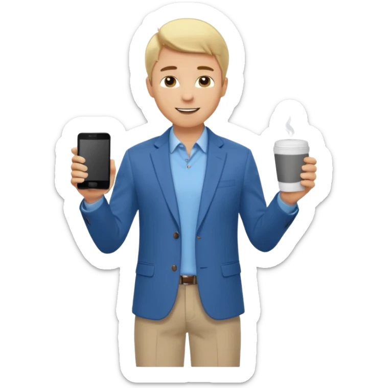 Confident and outgoing male entrepreneur, Caucasian features, short blonde hair, big friendly smile, expressive eyes, wearing a blue blazer over a light blue shirt, dark trousers and brown shoes, holding a smartphone in one hand and a coffee cup in the other, standing pose, full-body, front-facing sticker
