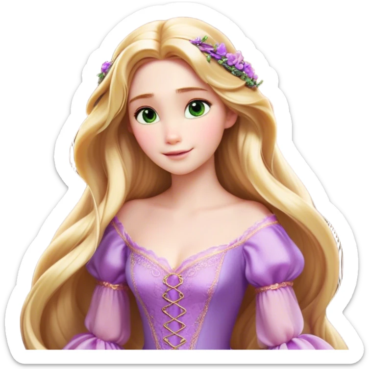 Cinematic Realistic Rapunzel Portrait, with porcelain-like skin featuring a subtle, natural glow, illuminated by soft lighting that brings out the gentle contours of her face. Her long, golden blonde hair cascades in detailed waves, each strand highlighted with a radiant shimmer as it catches the light. She playfully holds a flower in one hand, her other hand resting casually in her lap, with a warm and spirited expression. Her bright, expressive green eyes exude curiosity and warmth, framed by delicate lashes and soft, arched brows. She is dressed in her classic lavender and pink gown, the fabric textured with delicate folds that flow naturally, catching the light with a soft, radiant glow. The portrait captures a luminous, enchanting aura, seamlessly blending realism with a whimsical, fairytale charm, evoking a timeless sense of beauty and magic. sticker