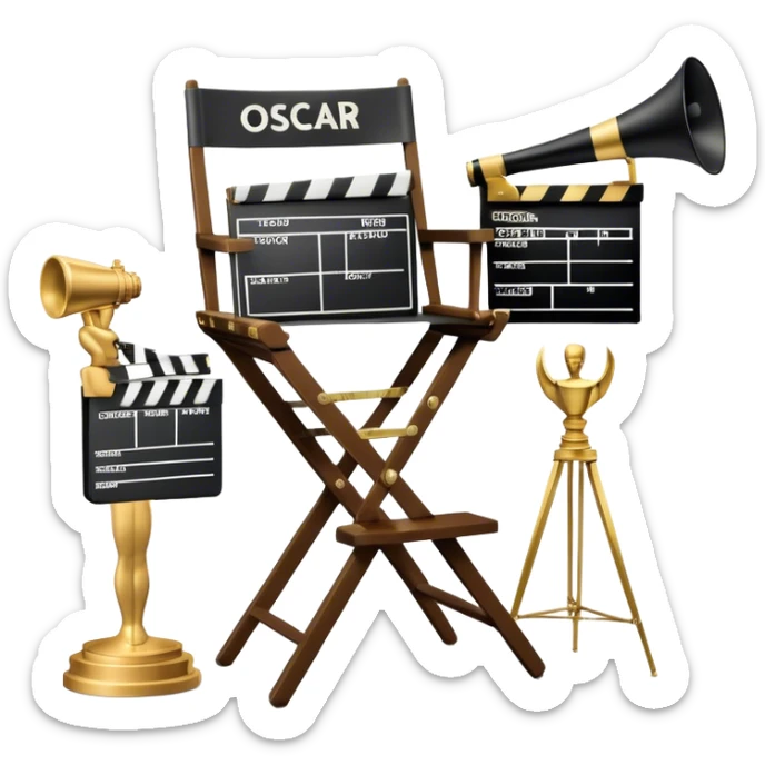 Icon for Directing: professional collage with director's chair, a film slate, a megaphone and an Oscar statuette. The icon should represent the creative and leadership aspects of directing, with focus on film and theater production. Transparent background. sticker