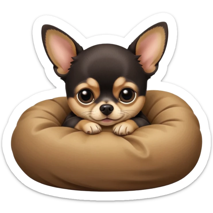A high-resolution photo-realistic digital illustration of a cute black and tan chihuahua with big eyes shut sleeping lazily. sticker