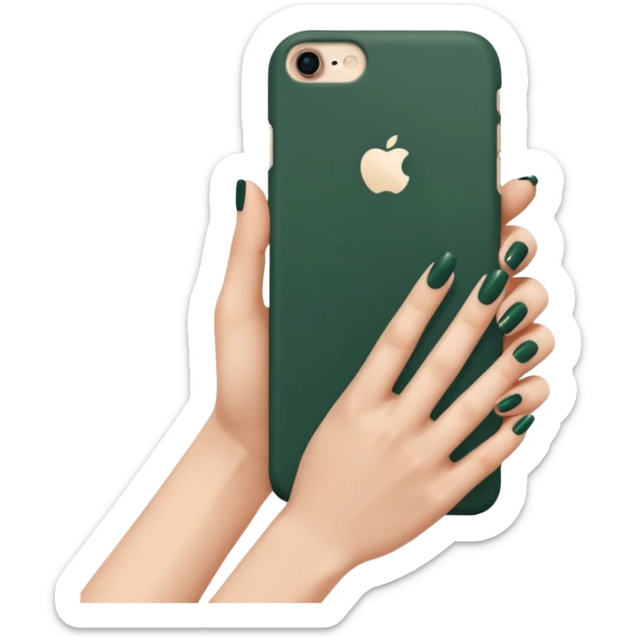female hand with nude manicure (5 fingers) holding an iPhone in a dark green case, extremely concise, minimalist sticker