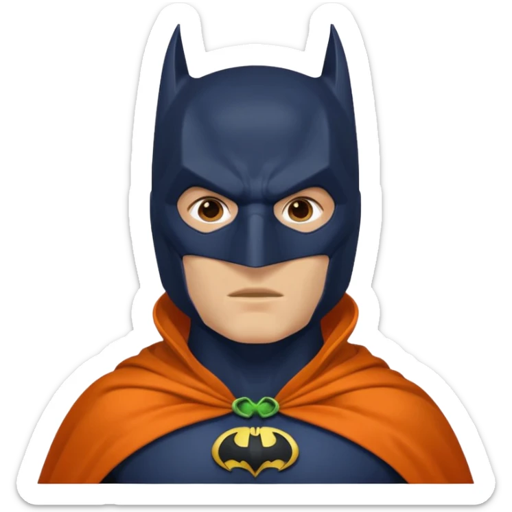 generate a batman emoji with just the face and neck showing and part of the cloak and and wings. Shade the mask in dark navy blue. Shade the chest in a bright medium olive green. Shade the cloak in a solid vibrant orange sticker