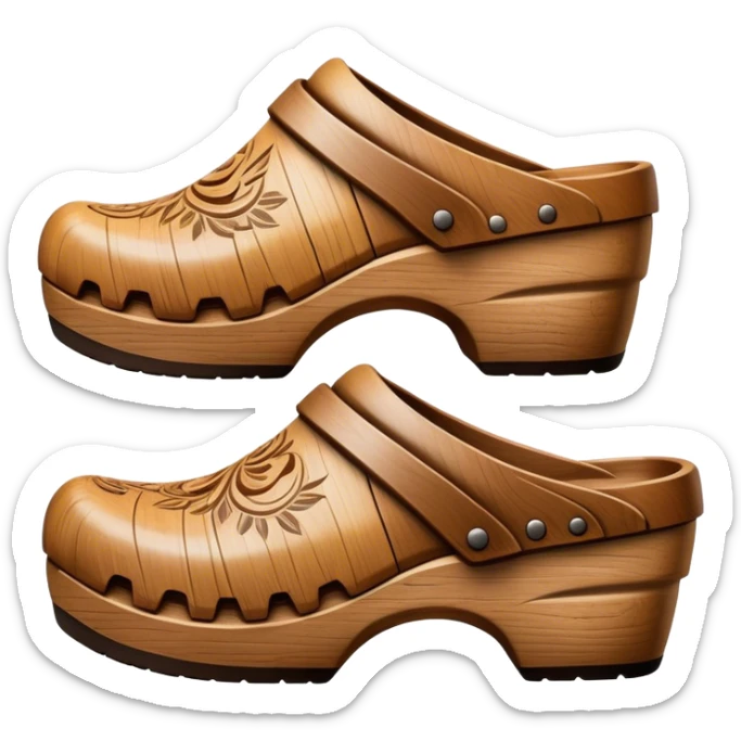 Cinematic Realistic Wooden Clogs Emoji, depicted as a pair of traditionally carved weathered wooden clogs with intricate details and rustic charm, rendered with rich textures and warm natural lighting that captures their cultural heritage. sticker