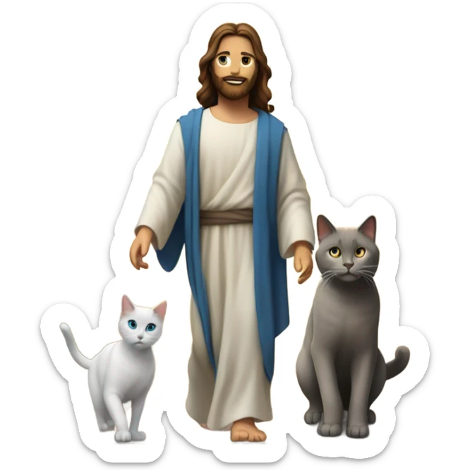 jesus and girl with brown hair blue eyes and grey cat walking into the sunset sticker