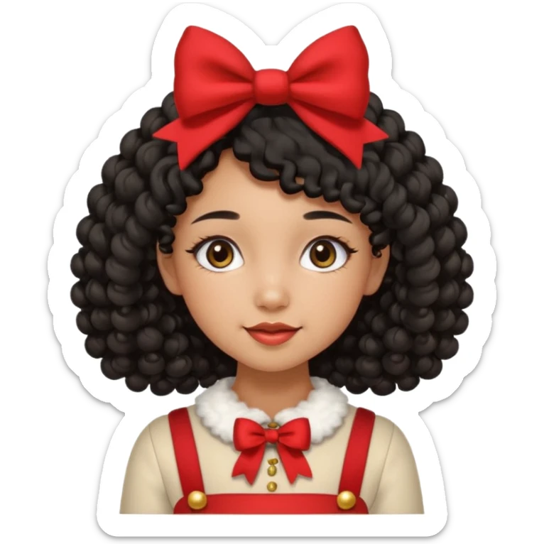 cute girl tan skin, curly black hair chin length, middle part, long eyelashes, cute cheeks, 5'2, outfit croquette style with bows and christmas theme sticker