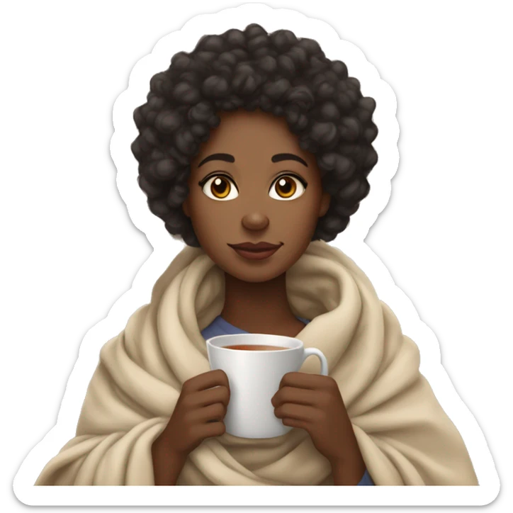 a lightskin black girl with curly hair wrapped in a blanket with a cup of tea sticker