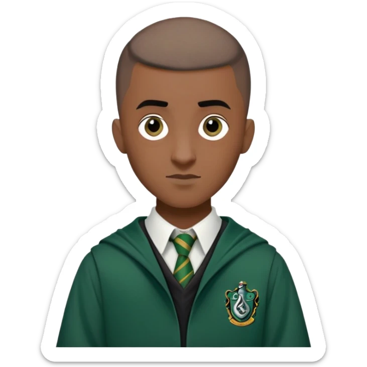 louis cordice is Blaise Zabini in harry potter, wear hogwarts slytherin uniform, Classic Buzz Cut hair, long face,thin, black skin sticker
