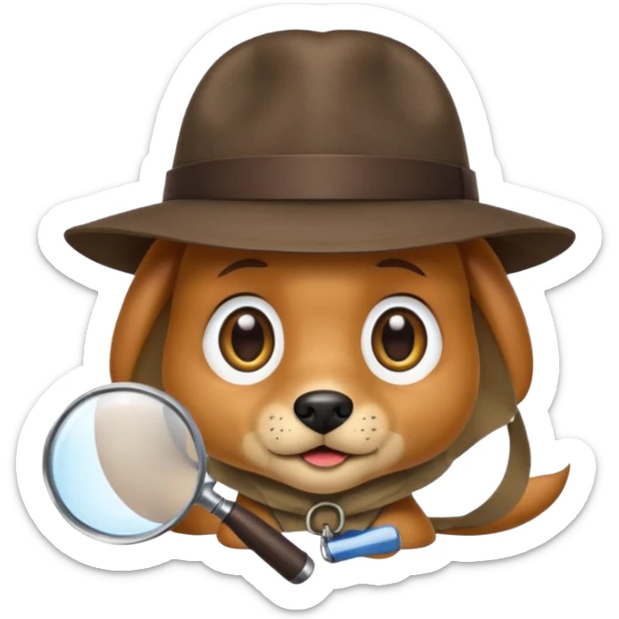 dog emoji with floppy ears, detective hat, magnifying glass, big eyes, simple shading, apple emoji style sticker