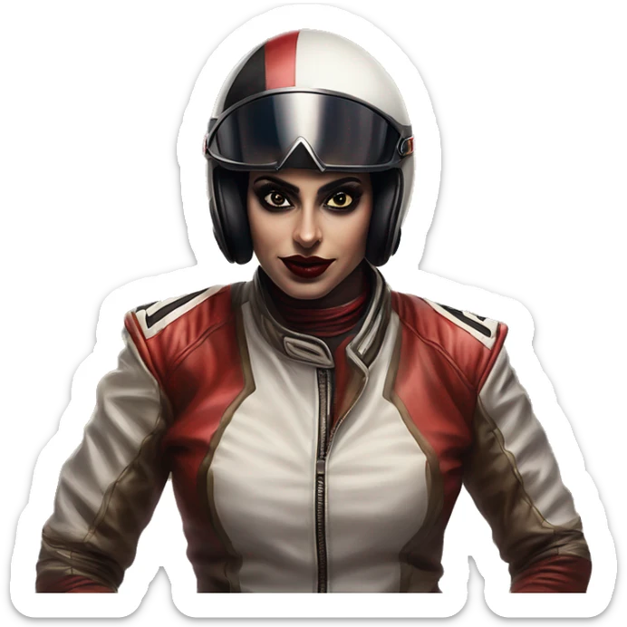 Arabic race driver  in Harley Quinn style, oil paint, mysterious eyes, intricate lips, masterpiece portrait, odd perspective, beautiful, desirable, logical sticker