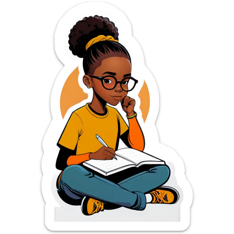 Black girl with glasses and a long shaved sides haircut writing in a journal sticker
