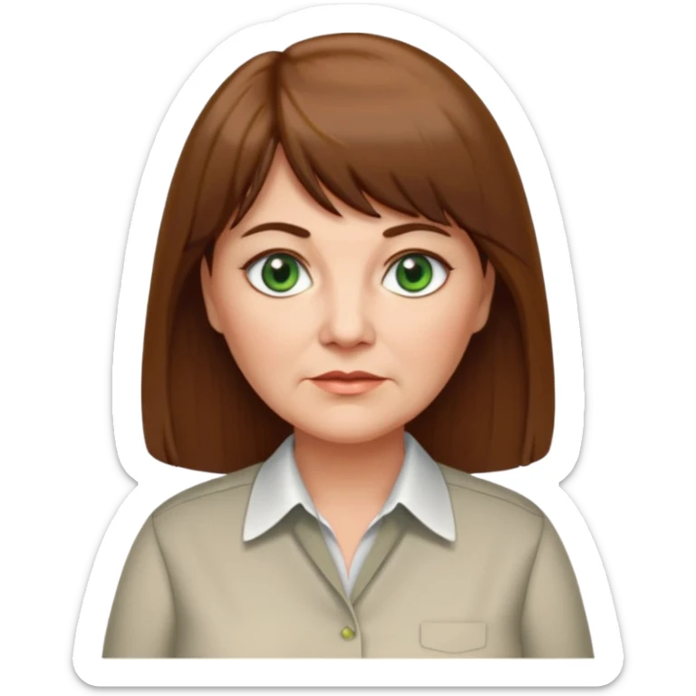 60 yr old woman, green eyes, long straight hair, business shirt, chubby, bangs sticker