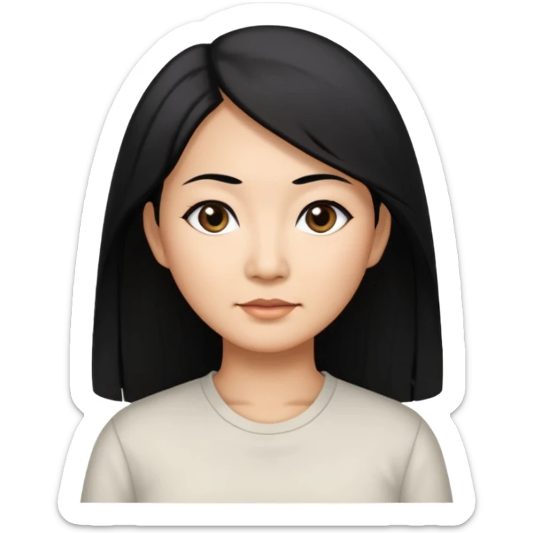 50 yr old asian woman, straight thick long black hair, big black, side part sticker
