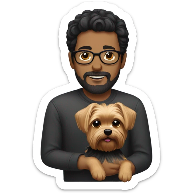 Dark haired guy with facial hair and glasses holding a yorkie  sticker