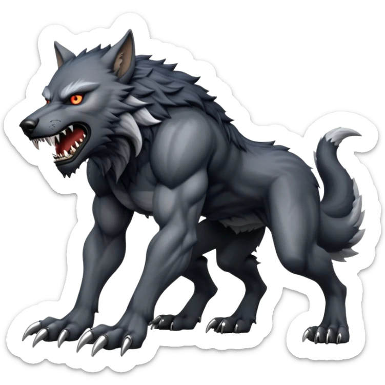 cinematic-noble-fierce-werewolf-full body on all fours-emoji, poised-and-imposing, with a tall, lean, and muscular wolfish frame inspired by the brutal, imposing shape of the beast from Berserk, fur rippling in shades of midnight black and silver, massive paws with razor-sharp claws, elongated limbs and fangs, eyes glowing with an intense, primal ferocity, reflecting the untamed power of the wild moonlit night; rendered with realism like a wolf sticker