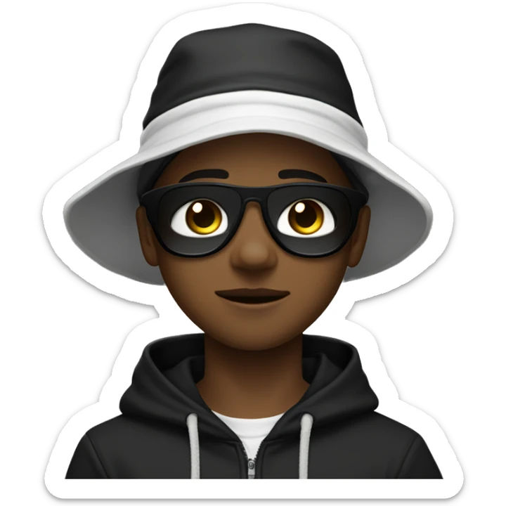 a 15 year old boy wearing a black tub hat black sunglasss black mouth mask white hoodie an black cargo pants sticker