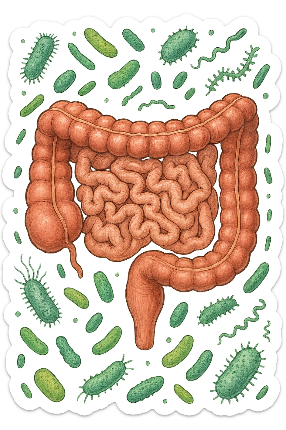 intestino umano anatomico con qualche batterio intestinale che gli fluttua intorno, ISOLATO SU SFONDO BIANCO sticker