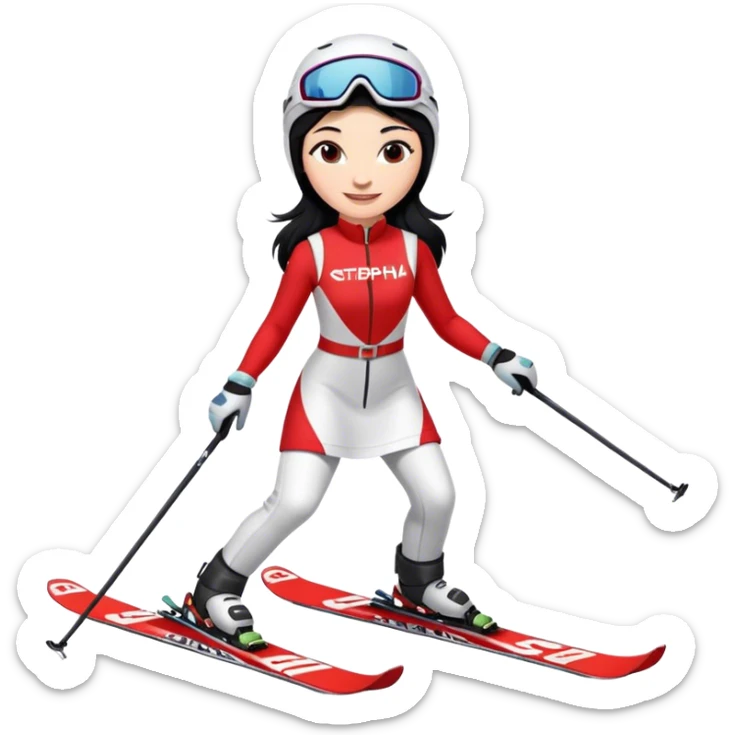 Ski racer woman, red white dress, with the name STEPHANIE on the dress, the name HEAD on the skis, black hair, smile sticker