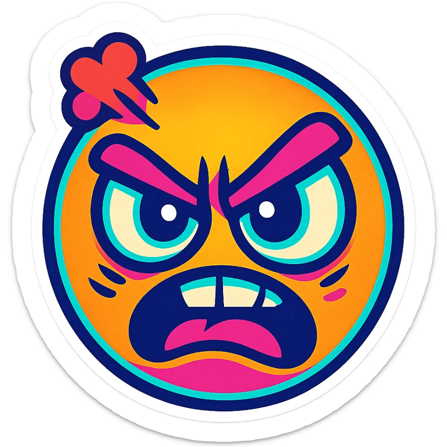 Create a cartoon sticker with an angry expression in the style of Flux Pro, with a transparent background. The style should reflect the vibrant and pop colors typical of Flux Pro style. sticker