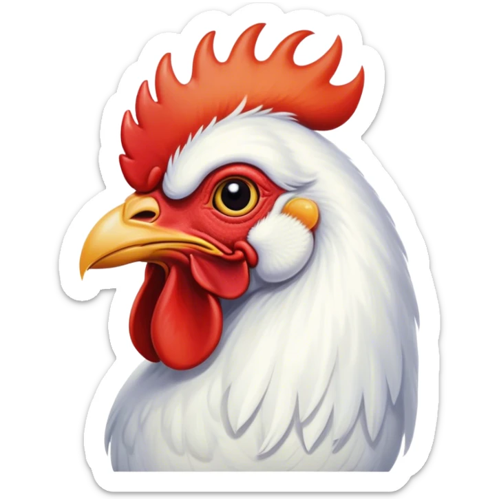 Cinematic Noble White Rooster Portrait Emoji, Poised and regal, with a robust, commanding build and a pristine, well-groomed pure white plumage, deep-set soulful piercing eyes, Simplified yet sharp and sophisticated features, highly detailed, glowing with a soft, dignified glow, high shine, intelligent and proud, stylized with an air of barnyard majesty, focused and attentive, soft glowing outline, capturing the essence of a watchful and confident leader, so majestic it feels as though it could crow out of the screen with effortless authority! sticker