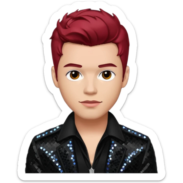 Jacob Underwood, pop singer from O-Town with light skin, dark red hair, black sequin outfit sticker