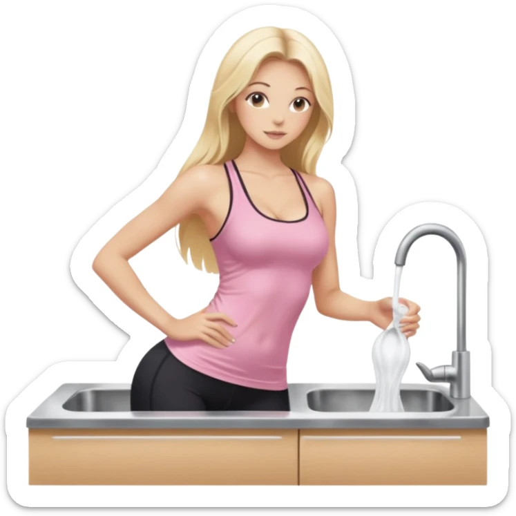 Seductive, thin fair skinned woman, long blond hair, washing dishes, SFW sheer pink tank top, without undergarments showing natural breast shape SFW, black yoga pants, perfect booty sticker